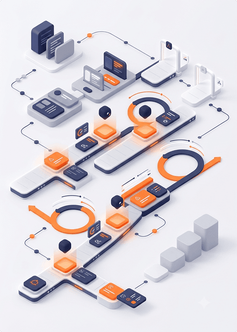 Isometric diagram of a QA workflow connecting testing stages and systems