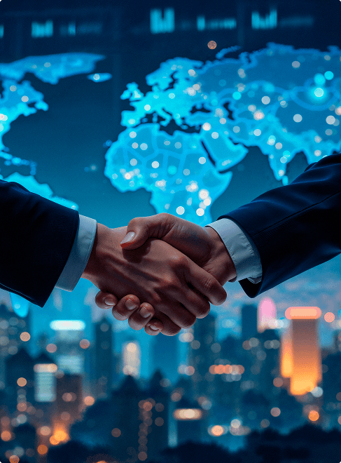 Handshake over a digital world map representing global technology partnership